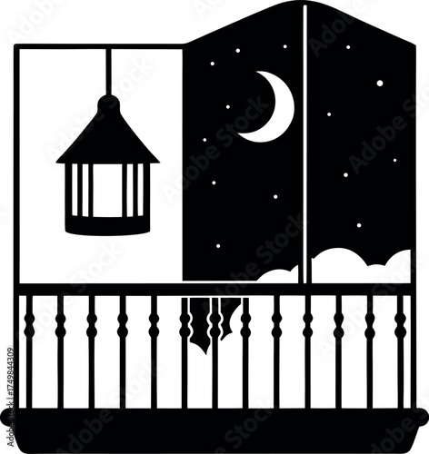 Serene Silhouette of a Balcony View with a Lantern and Moonlit Night Sky Bringing a Touch of Mystery and Tranquility