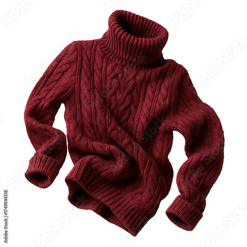 Red cable knit turtleneck sweater front view isolated on transparent background