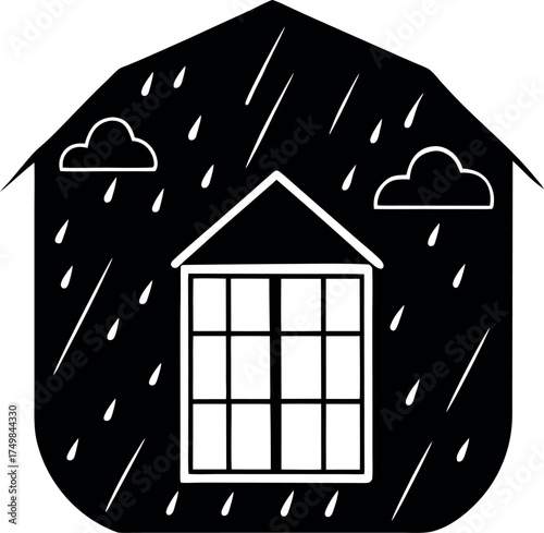 Shelter in a Downpour A Black and White Illustration of a House Deflecting Raindrops with Two Clouds in the Sky in the Background