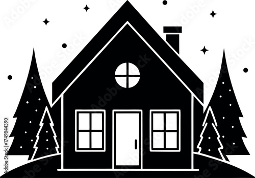 Enchanting Winter Cabin Scene Silhouette with Snowy Trees and Sparkling Stars Capturing the Cozy Holiday Spirit and Serene Beauty of a Christmas Card