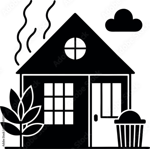 Stylized Home Illustration Portraying Domesticity and Serenity with Clean Lines and Minimalist Design Elements Featuring a Houseplant Cloud and Subtle Steam Graphic