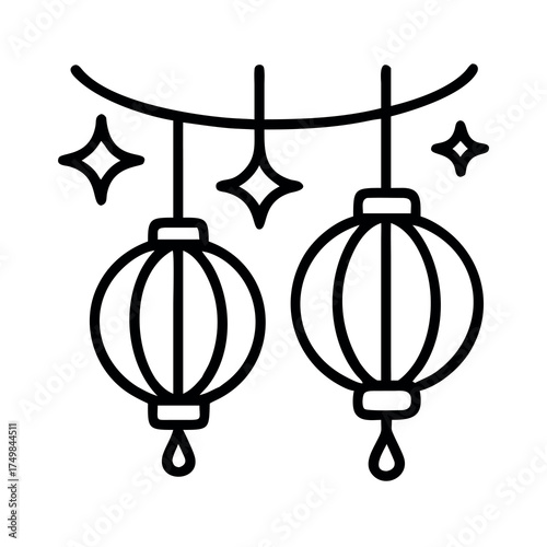 Hand drawn black and white illustration of festive asian lanterns and stars hanging on a string