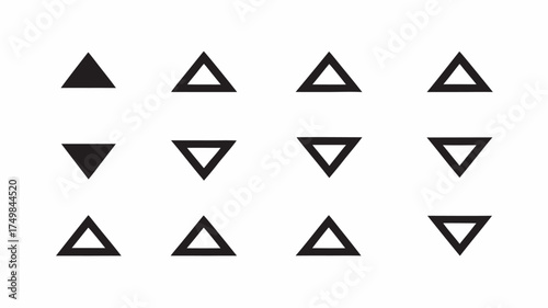 A collection of twelve triangles arranged in a grid pattern with varying orientations and fill styles | editable eps vectors silhouette