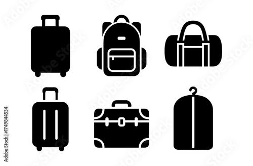 Silhouette icons of travel bags: suitcase, backpack, duffle, luggage