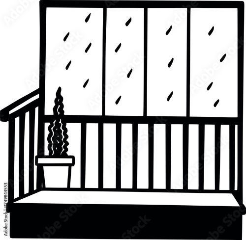Charming Balcony Vista Featuring Verdant Potted Plant and Serene Window Panes a Peaceful Retreat Inviting Contemplation and Appreciating the Simple Joys of Life