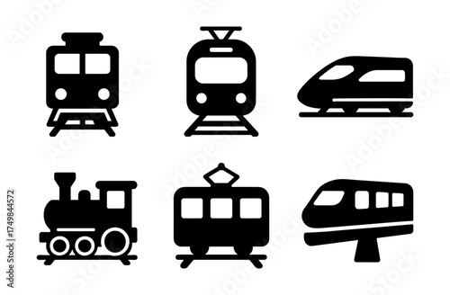Silhouette icons of various trains: modern to vintage designs