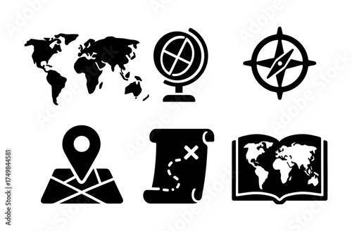 Black silhouette icons of world maps, globes, and navigation tools for travel and exploration