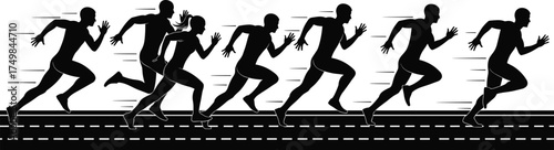 Running silhouette sequence, sprint motion stages, athlete speed progression, dynamic movement, sports training concept, track runner posture, fitness biomechanics, editable design
