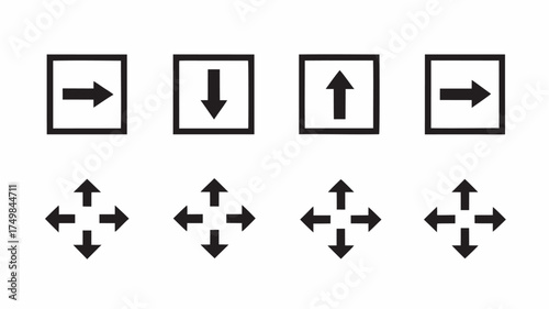 Black and white vector image showcasing four directional arrows in squares and four four way arrow symbols | editable eps vectors silhouette