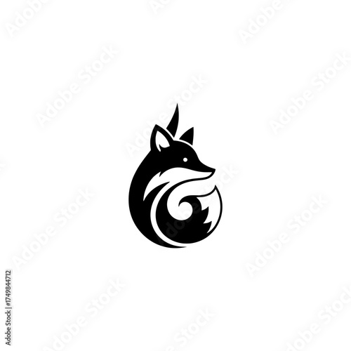 Stylized black fox head curves into a circular tail on a plain white background