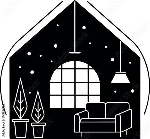 Cozy Indoor Retreat Illustration Featuring Plants Sofa and Window in a Minimalist Black and White Style Creating a Peaceful and Inviting Atmosphere