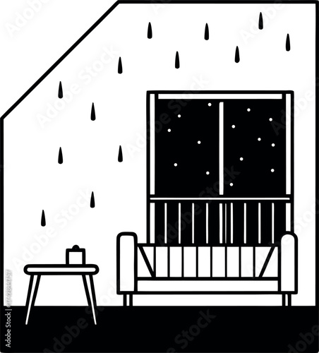 Illustration of Room Interior with Snowfall Outside the Window, a Table on the Left, and a Sofa Near the Window