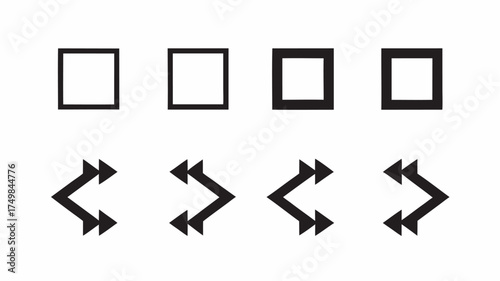 Four squares with varying border thicknesses above four sets of double arrowheads pointing inwards | editable eps vectors silhouette