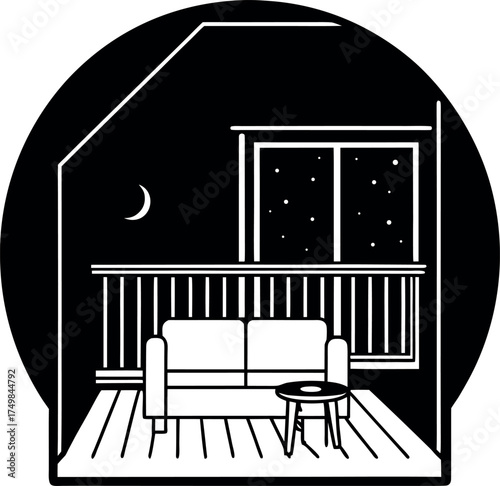 Serene Balcony Retreat A Cozy Black and White Interior Scene Depicting a Relaxing Evening Ambiance Under the Moonlit Sky with a Comfortable Sofa