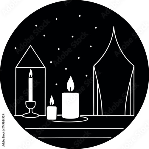 Illustrative Scene of Candles in a Window Display Against a Starry Night Sky Offering a Peaceful and Serene Impression