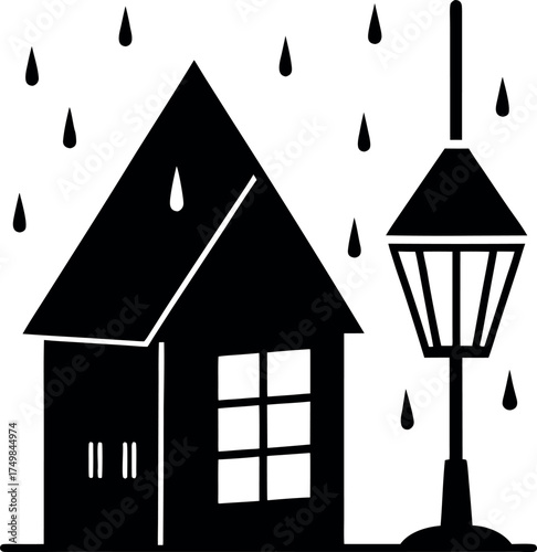 Simple House Silhouette in the Rain with a Street Light, Isolated Black Shape and Basic Geometric Design, Evokes Serenity and the Comfort of Home