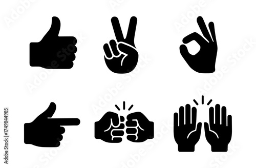 Set of black hand gesture icons celebrating various expressions and messages