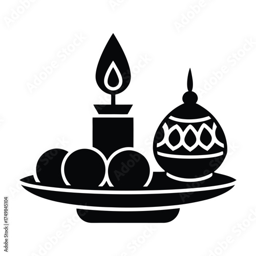 Hindu Pooja Thali with Diya Vector Silhouette Design
