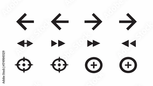 Collection of black arrow icons pointing left and right along with target and plus sign symbols design | editable eps vectors silhouette