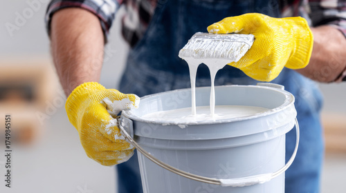 Male painter wearing yellow gloves is holding a paint roller above a bucket of white paint, preparing to paint a wall in a bright, modern workspace with clean lines