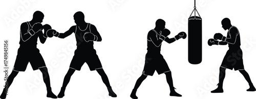 Boxing training session, sparring match silhouette, punching bag workout, athlete coaching scene, gym fitness action, combat sport, flat vector illustration