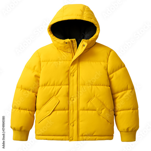 Yellow puffer jacket with hood front view isolated on transparent background