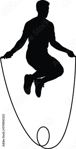 Jump rope silhouette, fitness activity, cardio workout, athletic training, healthy lifestyle, exercise motion, airborne posture, vector art, flat design