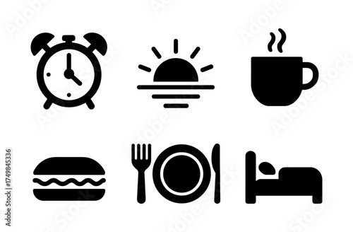Minimalist icons for daily routine: alarm, sunrise, coffee, meal, and sleep