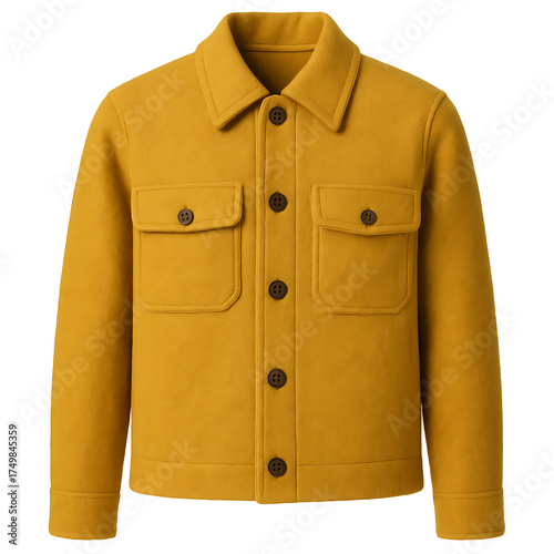 Yellow wool jacket with buttons and chest pockets front view isolated on transparent background