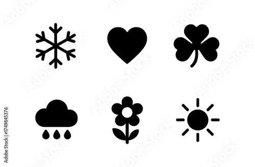 Simple silhouette icons: heart, clover, snowflake, cloud, flower, sun
