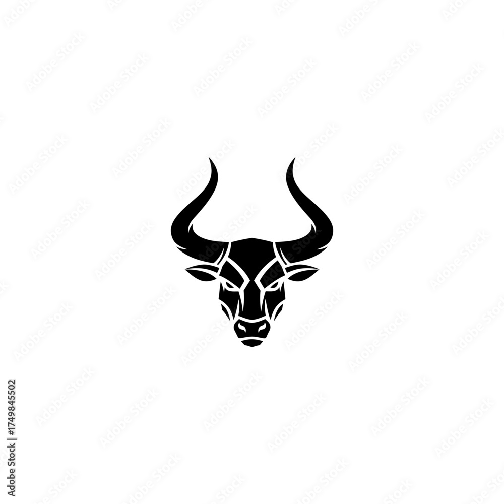 Fototapeta premium Striking black silhouette of a stylized bull's head with impressive, curving horns
