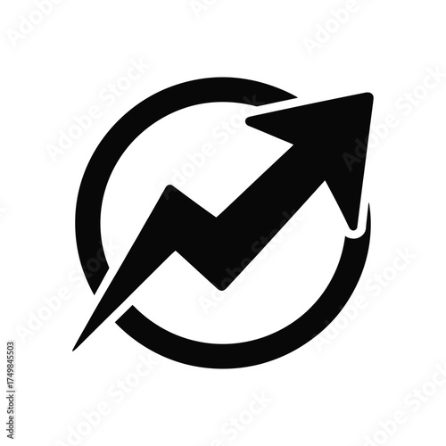 Black growth arrow bursting through circle outline icon on white background