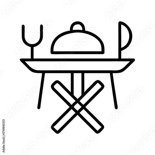 Simple line art icon of a dining table setting with food cover and utensils