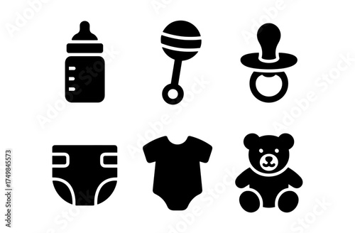 Simple baby icon set: bottle, rattle, pacifier, diaper, onesie, teddy bear