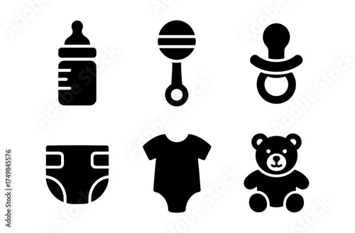 Baby essentials icons set: bottle, rattle, pacifier, diaper, onesie, teddy bear