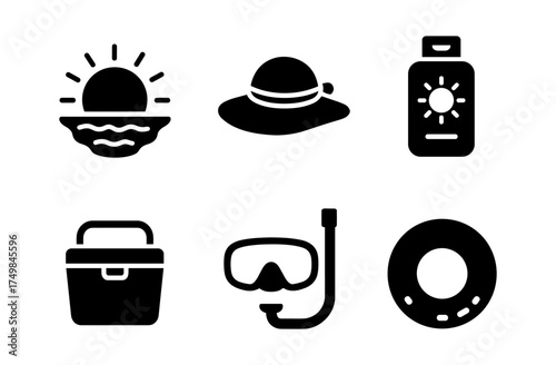Essential beach icons: sunset, hat, sunscreen, cooler, snorkel, life ring