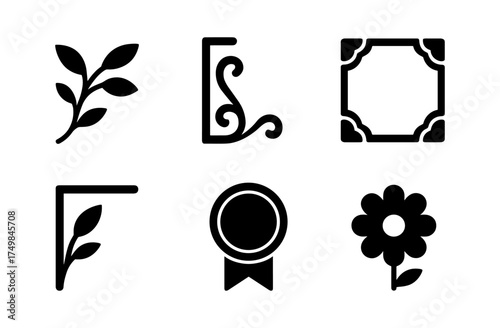 Silhouette decorative elements set: leaves, floral, ornamental frames, and badges