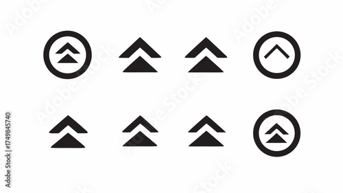 A collection of black arrow up icons in various arrangements and circular enclosures on a white background | editable eps vectors silhouette
