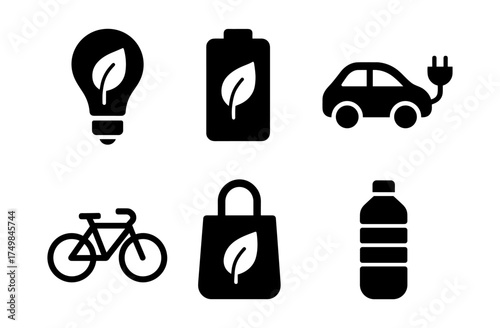Eco-friendly icons set featuring electric car, bicycle, and sustainable products