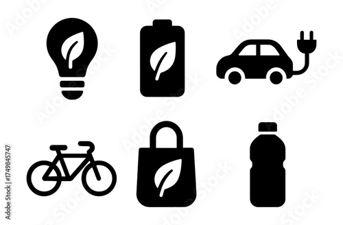 Eco-friendly icons set: green energy, reusable products, electric vehicles