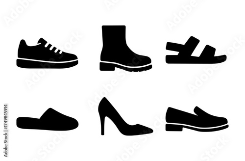 Collection of footwear silhouettes featuring sneakers, boots, sandals, slippers, heels, loafers