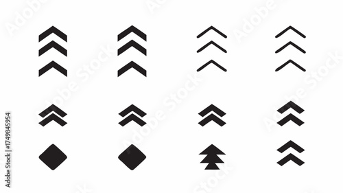 Collection of black arrow symbols pointing upwards with varying stack counts and diamond shapes too | editable eps vectors silhouette