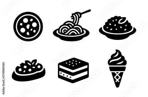 Icon set of popular italian foods in bold black icons