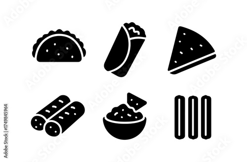 Mexican food silhouettes: taco, burrito, nachos, quesadilla, taquitos, churros