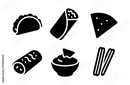 Mexican food icons: taco, burrito, nachos, and churros in bold silhouette style