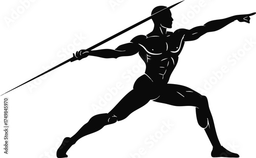 A powerful silhouette of a muscular male athlete preparing to throw a javelin.