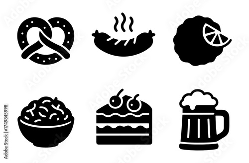 Flat food icons with pretzel, sausage, cake, and beer silhouettes