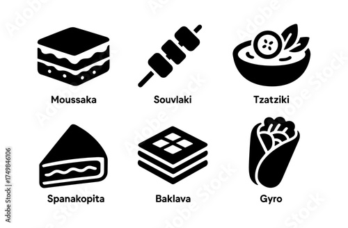 Greek cuisine icons set featuring classic dishes including moussaka, souvlaki, and tzatziki
