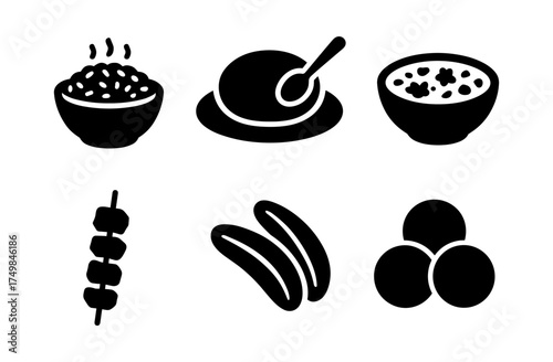 Silhouette icons of traditional asian food dishes on white background