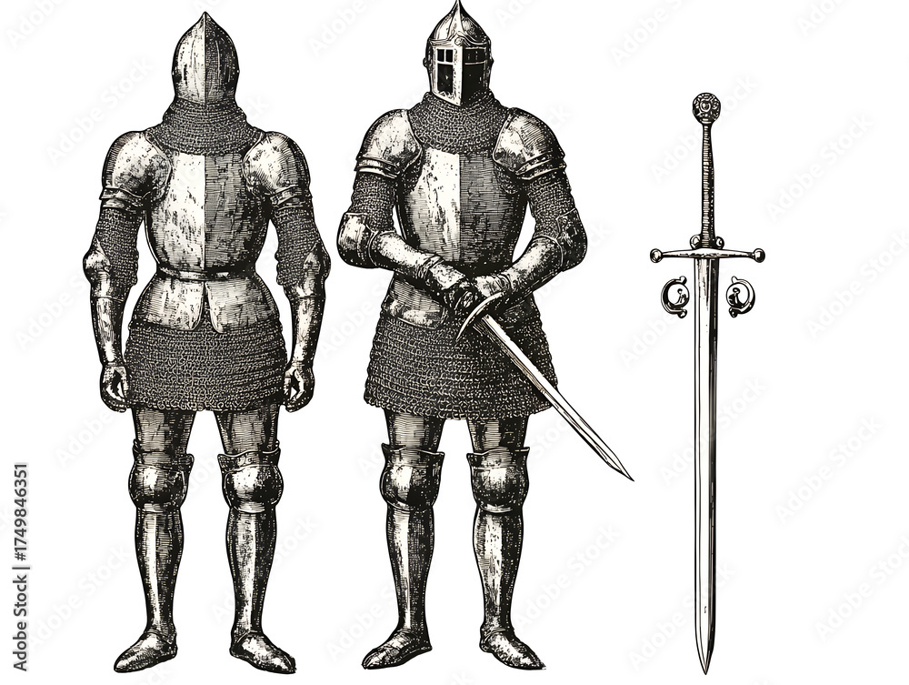 Obraz premium Full plate medieval armor with chainmail a sword and a knight depicted from front and back